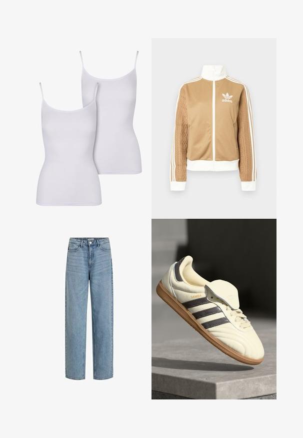 Brun zip-up jakke med hvite detaljer og tre hvite striper på ermene. Har et teksturert vevd design på den ene ermen. Adidas-logo på brystet.; To hvite camiser med tynne stropper, laget av glatt stoff, med en tettsittende, ermeløs design og en enkel, ensfarget stil.; Lyseblå høyt midjewerk jeans laget av denim. Har rette ben, fem-lommers design og knappelukking foran.; Kremfargede lær sneakers med tre mørke striper, en brun gummisåle og en avrundet tå. Har en sammenleggbar tunga merket "SAMBA."
