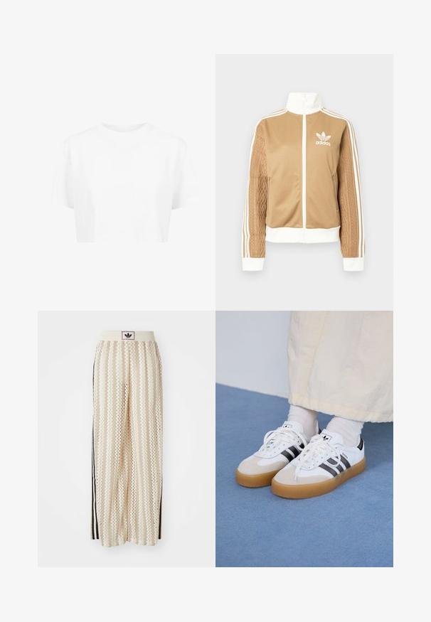 Tamni zip-up jakna s bijelim naglascima i tri bijele pruge na rukavima. Ima teksturirani tkaninski uzorak na jednom rukavu. Adidas logo na prsima.; Bijela skraćena majica, kratki rukavi, okrugli izrez, izrađena od glatke tkanine, bez vidljivih uzoraka ili istaknutih detalja.; Pantalone širokog kroja krem boje s zigzag uzorkom, koji sadrži sivi pojas s crnim logotipom i bočne crne pruge. Lagani, teksturirani materijal.; Bjele tenisice s crnim prugama i bež suknjom. Imaju teksturiranu gumu potplat i ravne bijele vezice, nošene uz svijetle čarape.