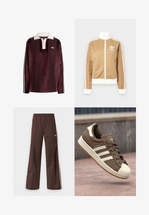 Brun zip-up jakke med hvite detaljer og tre hvite striper på ermene. Har et teksturert vevd design på den ene ermen. Adidas-logo på brystet.; Langermet maroon velour polo-skjorte med hvit krage, knappelukking, teksturerte vertikale striper, Adidas-logo og hvite sidelister.; Brune treningsbukser med vid ben-design, hvite sidestriper, elastisk midje og to sidelommer. Har en liten logo på benet.; Brune semsket sneakers med hvite striper, kremfargede detaljer og gummiskalltå. Har snøring og teksturert gummisåle.