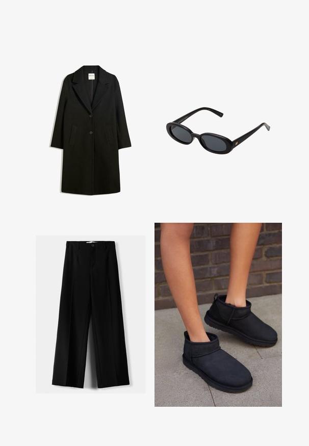 Svart kappa med snedkrage, två framfickor och knappstängning. Tillverkad av mjukt tyg, med rak silhuett och knälång design.; Krämsfärgad stickad tröja med svart bergsgrafik och "PISTE"-text. Har en hög krage och ribbade muddar med kontrasterande ränder.; Svarta vida byxor i lätt material, med knappstängning fram och platt front, samt väl sydda fållar.; Svarta ankelstövlar i mocka med en mjuk inredning. Har rund tå och en platt, texturerad sula.; Svarta överdimensionerade solglasögon med ovala linser, slät plastbåge och guldaccent på bågarna. Mörka linser ger solskydd.