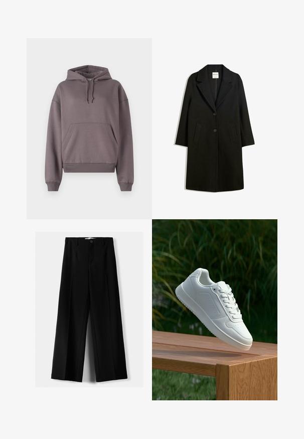 Manteau noir avec un col cranté, deux poches avant et fermeture à bouton. Fabriqué en tissu doux, présentant une silhouette droite et une longueur au genou.; Sweat à capuche d'un gris doux, avec une poche kangourou à l'avant, des poignets et un ourlet côtelés, fabriqué en matériau en polaire doux et texturé.; Pantalons larges noirs en tissu léger, avec une fermeture à bouton à l'avant et un devant plat, dotés d'ourlets soigneusement cousus.; Sneakers blanches avec une tige synthétique lisse, un avant perforé, des lacets plats et une semelle texturée, présentées sur une surface en bois.