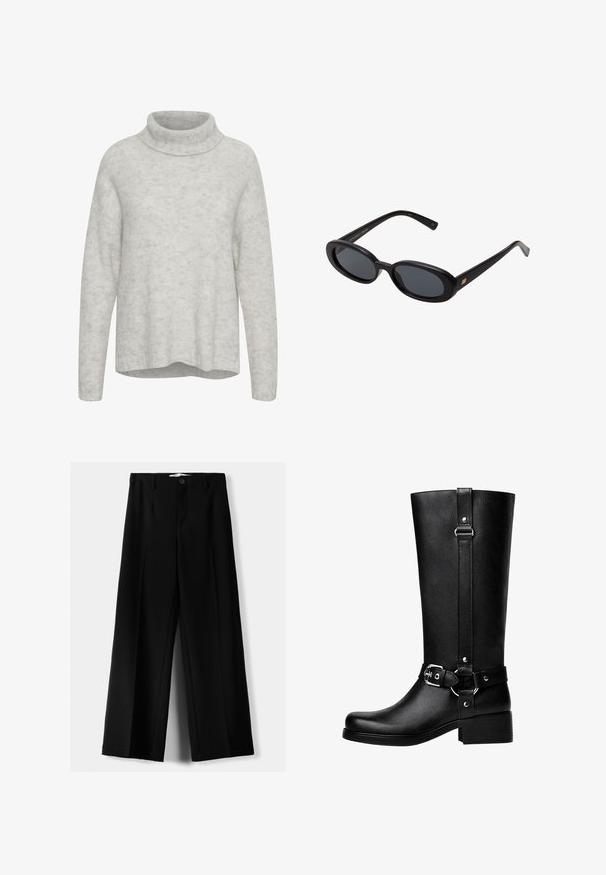 Schwarzer Mantel mit Reverskragen, zwei Fronttaschen und Knopfverschluss. Aus weichem Stoff gefertigt, mit gerader Silhouette und knielangem Design.; Hellgrauer Pullover mit Rollkragen, langen Ärmeln und lockerer Passform. Weiche Textur mit subtilen Farbvariationen im gesamten Stoff.; Schwarze weite Hosen aus leichtem Stoff, mit einem Knopfverschluss vorne und flachem Bund, mit sorgfältig genähten Säumen.; Hohe schwarze Kunstlederstiefel mit einer abgerundeten Zehe, einem Akzentgürtel-Schnallen-Detail und einem stabilen Absatz. Glatte Textur und vertikale Naht am Schaft.; Schwarze, oversized Sonnenbrillen mit ovalen Gläsern, glattem Kunststoffrahmen und goldenen Akzenten an den Bügeln. Die dunklen Gläser bieten Sonnenschutz.