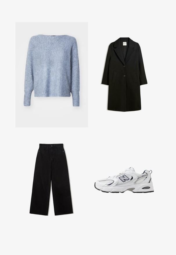 Zwarte jas met een omslagkraag, twee voorzakken en knoopsluiting. Gemaakt van zachte stof, met een rechte snit en een ontwerp tot op de knie.; ONLY ONLDANIELLA L/S NOOS - Trui - grisaille melange; Zwarte, wijde spijkerbroek van denim met een hoge taille, voorzien van een vijf-pocket ontwerp en een enkele knoopsluiting aan de voorkant.; Witte sport schoen met mesh bovenkant, marineblauwe accenten en een gehoorzaamde zool. Bevat het "N" logo, veters en een gestructureerde detail aan de zijkant.