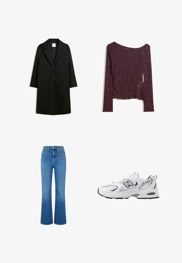 Črn plašč z oblazinjenim ovratnikom, dvema sprednjima žepoma in gumbom za zapiranje. Narejen iz mehkega materiala, ponuja raven kroj in zasnovo do kolen.; Čipkast dolg rokav vrh v temno burgundski barvi, z off-shoulder obliko, cvetličnimi motivi in rahlo prosojno teksturo ter ravnim robom.; Svijetloplave traper hlače s širokim nogavicama i visokim strukom, s prednjim džepovima, zatvaračem i blagim izbljeđivanjem za teksturu. Nema vidljive marke.; Bele športne copate z mrežasto zgornjimi deli, mornarskimi naglasnimi barvami in oblazinjeno podplatom. Vključujejo logotip "N", vezalke in teksturirane detajle na strani.