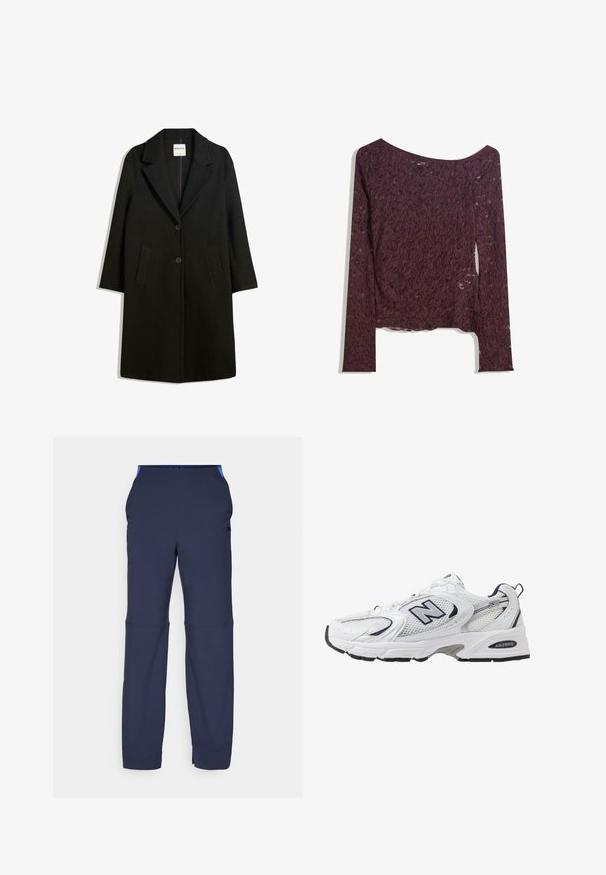 Černý kabát s klopovým límcem, dvěma předními kapsami a zapínáním na knoflíky. Vyroben z měkké látky, s přímým střihem a délkou po kolena.; Dlouhá krajková blůza s dlouhým rukávem ve tmavě burgundské barvě, s off-shoulder designem, květinovými vzory a mírně průhlednou texturou, s rovním lemem.; J.LINDEBERG Sports JESSICA - Kalhoty - navy; Bílé sportovní boty s textilním svrškem, námořnickými akcenty a polstrovanou podrážkou. Obsahují logo "N", tkaničky a texturovaný detail na boku.