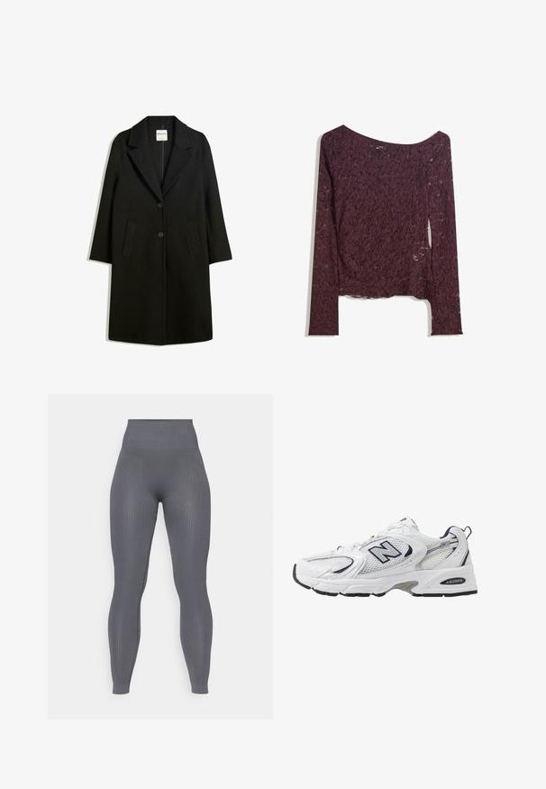 Cămașă neagră cu guler în V, două buzunare frontale și închidere cu nasturi. Fabricată dintr-un material moale, având o siluetă dreaptă și un design până la genunchi.; Top din dantelă cu mâneci lungi, într-o nuanță adâncă de burgund, având un design off-shoulder, modele florale și o textură ușor transparentă cu un tiv drept.; Leggings grișe cu textura ribbată, cu talie înaltă, formă ajustată și material texturat. Fără modele vizibile sau detalii hardware.; Shoe sportiv alb cu parte superioară din plasă, accente bleumarin și talpă amortizată. Are logo-ul "N", șireturi și detalii texturate pe lateral.