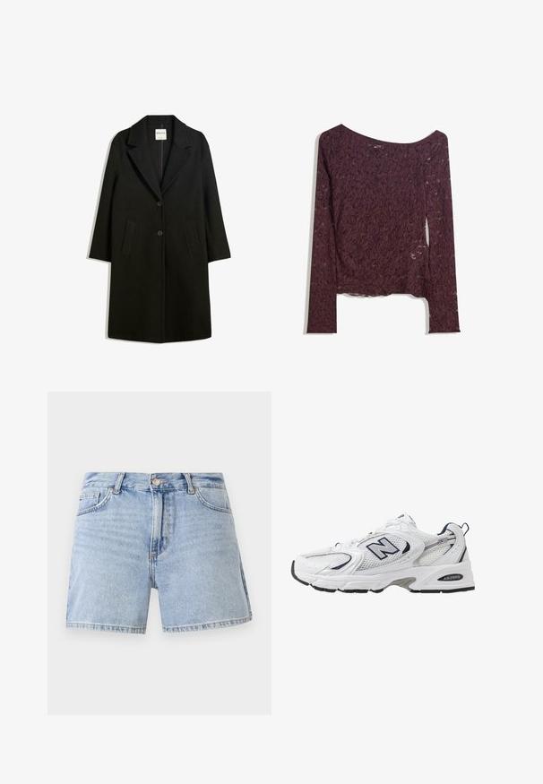 Fekete kabát, kiemelt gallérral, két elülső zsebbel és gombos záródással. Puha anyagból készült, egyenes sziluettel és térd alá érő fazonnal.; Csipkés, hosszú ujjú blúz sötét bordó színben, váll nélküli kivágással, virágmintával és enyhén áttetsző textúrával, egyenes szegéllyel.; Világoskék farmer rövidnadrág magas derékkal, hagyományos, öt zsebes kialakítással és rojtos szegéllyel. Pamutból készült, elhalványult megjelenéssel.; Fehér sportcipő hálós felsőrészével, sötétkék kiegészítőkkel és párnázott talppal. Jellemzője az "N" logó, a fűzők és a textúrázott részlet az oldalon.