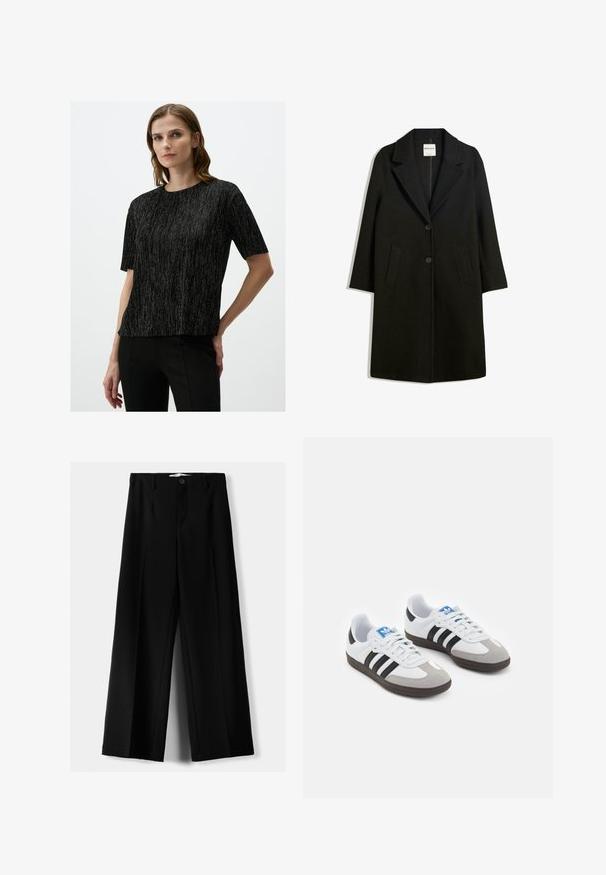 Zwarte jas met een omslagkraag, twee voorzakken en knoopsluiting. Gemaakt van zachte stof, met een rechte snit en een ontwerp tot op de knie.; Jimmy Key ELEGANT SPARKLE - Blouse - black; Zwarte wijde broek van lichtgewicht stof, met een knoopsluiting aan de voorkant en een vlakke achterkant, afgewerkt met keurig gestikte zoom.; Sportschoenen met een witte leren bovenkant, grijze suède neus en drie zwarte strepen. Bevat een blauw logo op de tong en een gestructureerde rubberen zool.