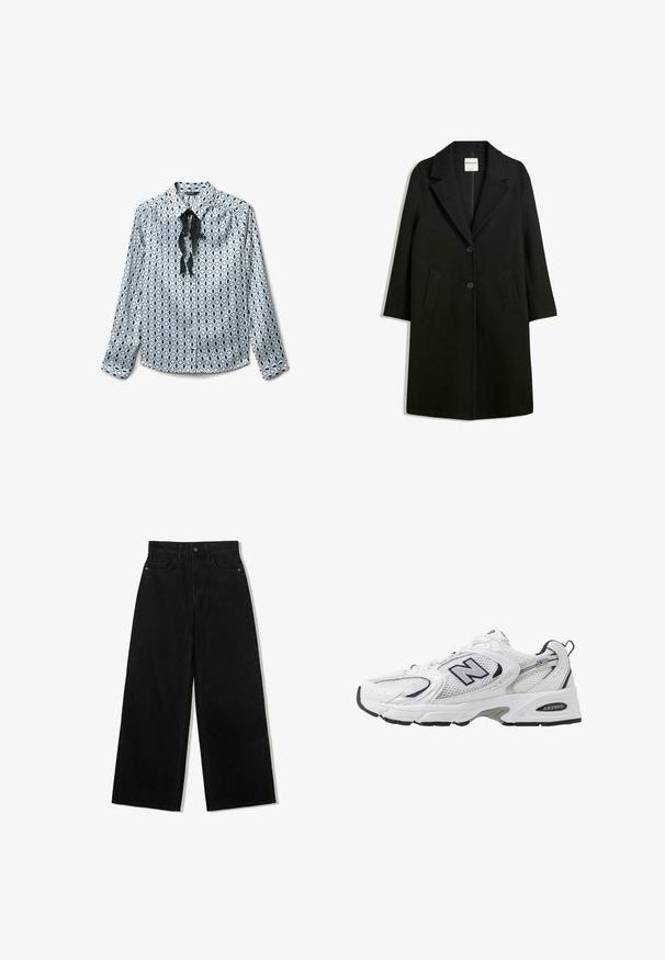 Black coat with a notched collar, two front pockets, and button closure. Made of soft fabric, featuring a straight silhouette and knee-length design.; Patterned button-up shirt in light blue with black oval designs, featuring a collar and a tied black satin ribbon at the neckline.; Black, wide-leg jeans made of denim with a high waist, featuring a five-pocket design and a single button closure at the front.; White athletic shoe with mesh upper, navy accents, and cushioned sole. Features "N" logo, laces, and textured detail on side.