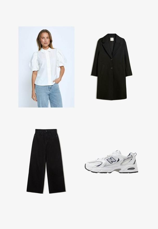 Crni kaput s otvorenim ovratnikom, dva prednja džepa i kopčanje na dugme. Napravljen od mekog materijala, s ravnim krojem i dizajnom do koljena.; Bijela bluzica s puhovitim rukavima, s gumbima sprijeda, ovratnikom i jednolikom teksturom, upairana s svijetloplavim trapericama na neutralnoj pozadini.; Crne, široke traperice visokog struka, s pet džepova i jednim gumbom za zakopčavanje sprijeda.; Bijela atletska cipela s mrežastim gornjim dijelom, mornarskim akcentima i podstavljenim potplatom. Sadrži "N" logo, vezice i teksturirani detalj sa strane.