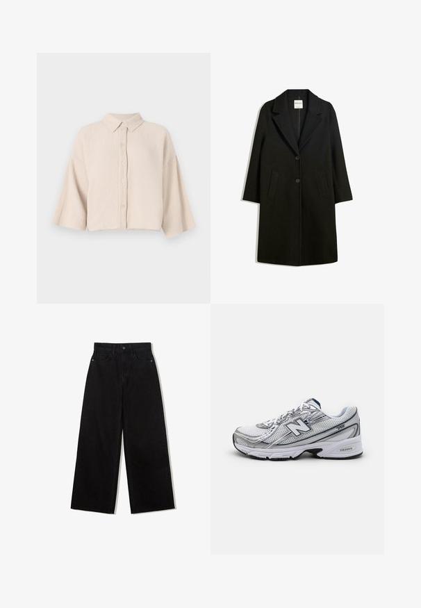 Fekete kabát, kiemelt gallérral, két elülső zsebbel és gombos záródással. Puha anyagból készült, egyenes sziluettel és térd alá érő fazonnal.; Rövidujjú, gombos ing világos bézs, gyűrött anyagból. Hegyes gallérral és laza, széles ujjakkal rendelkezik a kényelmes viselet érdekében.; Fekete, bő szárú farmernadrág magas derekú fazonnal, öt zsebes kialakítással és egy gombos záródással elöl.; Új Balance sportcipő hálós felsőrésszel, túlnyomórészt fehér színben, szürke és tengerészkék akcentusokkal, párnázott talppal és texturált részletekkel.