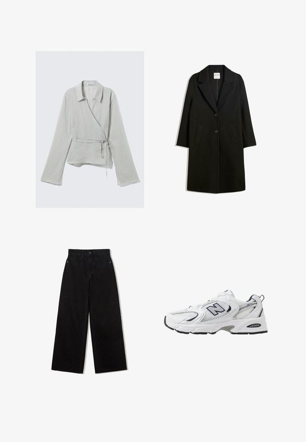 Fekete kabát, kiemelt gallérral, két elülső zsebbel és gombos záródással. Puha anyagból készült, egyenes sziluettel és térd alá érő fazonnal.; Világosszürke, galléros, hosszú ujjú, finom csíkozással és megkötős derékrésszel ellátott blúz. Strukturált szövetből készült.; Fekete, bő szárú farmernadrág magas derekú fazonnal, öt zsebes kialakítással és egy gombos záródással elöl.; Fehér sportcipő hálós felsőrészével, sötétkék kiegészítőkkel és párnázott talppal. Jellemzője az "N" logó, a fűzők és a textúrázott részlet az oldalon.
