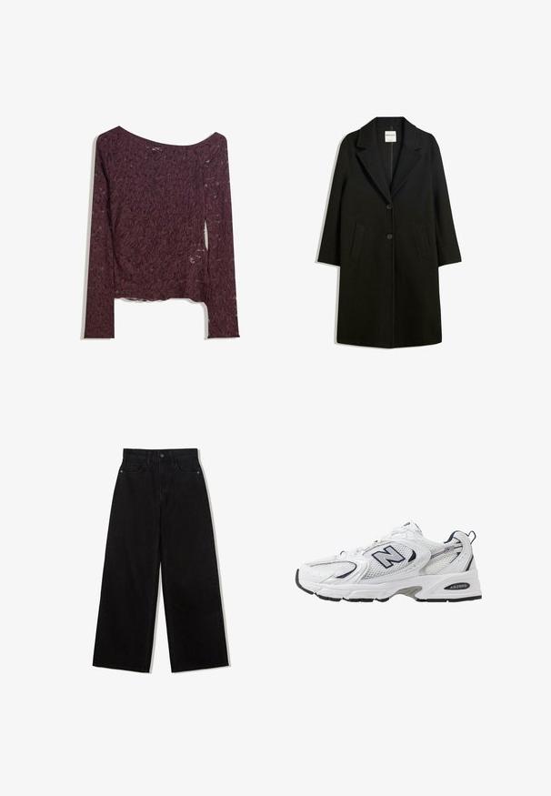 Fekete kabát, kiemelt gallérral, két elülső zsebbel és gombos záródással. Puha anyagból készült, egyenes sziluettel és térd alá érő fazonnal.; Csipkés, hosszú ujjú blúz sötét bordó színben, váll nélküli kivágással, virágmintával és enyhén áttetsző textúrával, egyenes szegéllyel.; Fekete, bő szárú farmernadrág magas derekú fazonnal, öt zsebes kialakítással és egy gombos záródással elöl.; Fehér sportcipő hálós felsőrészével, sötétkék kiegészítőkkel és párnázott talppal. Jellemzője az "N" logó, a fűzők és a textúrázott részlet az oldalon.