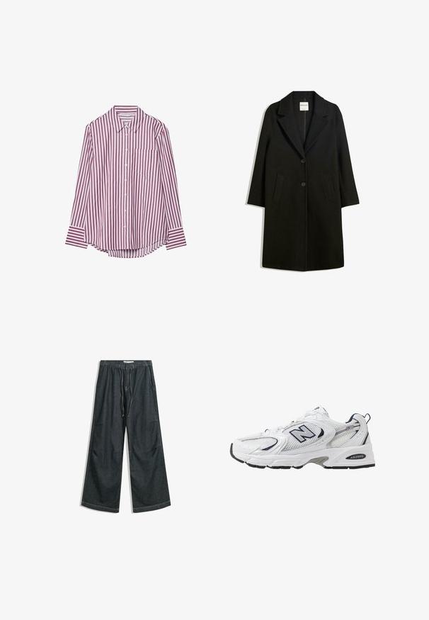 Manteau noir avec un col cranté, deux poches avant et fermeture à bouton. Fabriqué en tissu doux, présentant une silhouette droite et une longueur au genou.; Chemise à manches longues à boutons avec des rayures verticales bordeaux et blanches. Elle possède un col et une poche poitrine, avec un ourlet arrondi.; Pantalons en denim foncé à jambes larges, dotés d'une taille élastique et d'un cordon de serrage. Comprend des poches latérales et des ourlets droits avec des détails de couture subtils.; B baskets blanches avec une tige en mesh, des accents bleu marine et une semelle rembourrée. Présente le logo "N", des lacets et un détail texturé sur le côté.