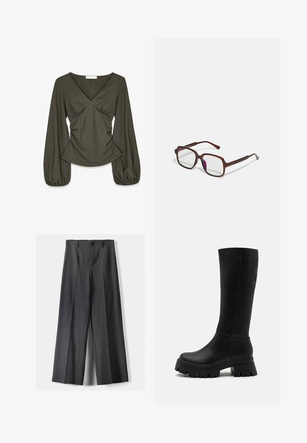 Zwarte jas met een omslagkraag, twee voorzakken en knoopsluiting. Gemaakt van zachte stof, met een rechte snit en een ontwerp tot op de knie.; Olijfgroene blouse met textuur, lange poeffmouwen, V-hals, gerimpeld lijfje en een licht uitlopende zoom.; Wijde broek in donkergrijze stof, met een knoopsluiting, voorplooien en riemlussen. Gladde textuur met een op maat gemaakte uitstraling.; Zwarte kniehoge laarzen van faux leer, met een robuuste rubberen zool met diepe groeven, een gladde oppervlakte en minimale stikseldetails.; Bruine, rechthoekige bril met transparante glazen en paarse tinten. Glad kunststof montuur met rechte pootjes en subtiele accenten.