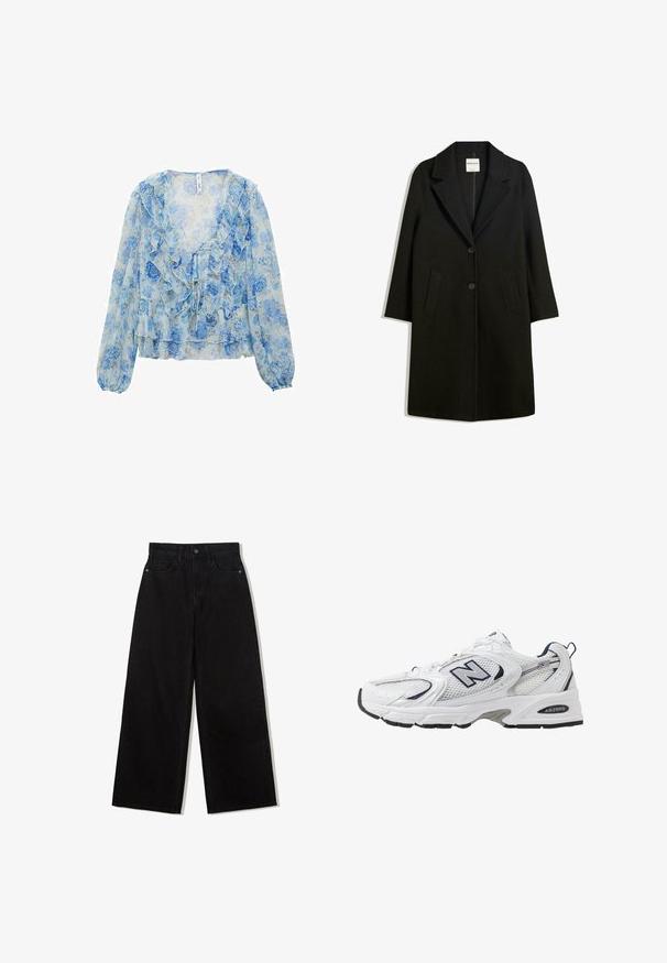 Črn plašč z oblazinjenim ovratnikom, dvema sprednjima žepoma in gumbom za zapiranje. Narejen iz mehkega materiala, ponuja raven kroj in zasnovo do kolen.; Cvetna bluzica v svetlo modri in beli prosojni tkanini. Ima nabrane robove, dolge rokave in vezanje spredaj. Mehka, lahka tekstura.; Črne široke kavbojke iz denima z visokim pasom, ki imajo pet žepov in en gumb za zapiranje spredaj.; Bele športne copate z mrežasto zgornjimi deli, mornarskimi naglasnimi barvami in oblazinjeno podplatom. Vključujejo logotip "N", vezalke in teksturirane detajle na strani.