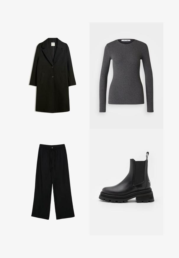 Czarny płaszcz z klapami, dwoma przednimi kieszeniami i zapięciem na guziki. Wykonany z miękkiego materiału, o prostym kroju i długości do kolan.; Długi rękaw, okrągły dekolt w ciemnoszarym kolorze, wykonany z prążkowanej tkaniny o dopasowanym kroju, z gładką teksturą i minimalnymi detalami.; Czarne, lekkie spodnie w szerokie nogawki z elastycznym pasem i sznurkiem do regulacji. Gładka faktura, bez widocznych wzorów czy elementów metalowych.; Czarne skórzane botki Chelsea z elastycznymi panelami bocznymi, okrągłym noskiem, masywną gumową podeszwą i pętelką z tyłu. Teksturowane i gładkie powierzchnie.