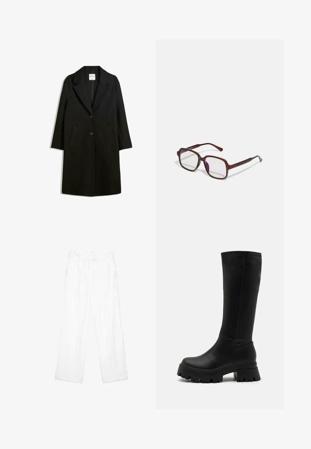 Black coat with a notched collar, two front pockets, and button closure. Made of soft fabric, featuring a straight silhouette and knee-length design.; Two cotton crop tops in white and black. Each has a deep neckline and thin shoulder straps, featuring a smooth, soft texture.; White linen trousers with a loose fit, featuring a straight leg design, front pockets, and a flat waistband. Smooth texture throughout.; Black knee-high boots made of faux leather, featuring a chunky rubber sole with deep grooves, smooth surface, and minimal stitching details.; Brown, rectangular eyeglasses with transparent lenses and purple tints. Smooth plastic frame with straight temples and subtle accents.; Black patterned fabric handbag with brown leather accents. Features a structured shape, short handle, and adjustable shoulder strap. Gold hardware.