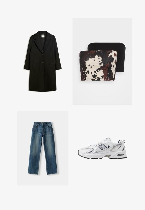 Černý kabát s klopovým límcem, dvěma předními kapsami a zapínáním na knoflíky. Vyroben z měkké látky, s přímým střihem a délkou po kolena.; Dvě bezramínkové topy: jeden má hnědo-krémový abstraktní zvířecí potisk, zatímco druhý je čistě černý. Oba jsou vyrobeny z měkké tkaniny.; Modré džíny z denimu s rovnými nohavicemi, zapínáním na knoflík, pěti kapsami a vybledlými oblastmi. Materiál se zdá být odolný s texturovaným povrchem.; Bílé sportovní boty s textilním svrškem, námořnickými akcenty a polstrovanou podrážkou. Obsahují logo "N", tkaničky a texturovaný detail na boku.