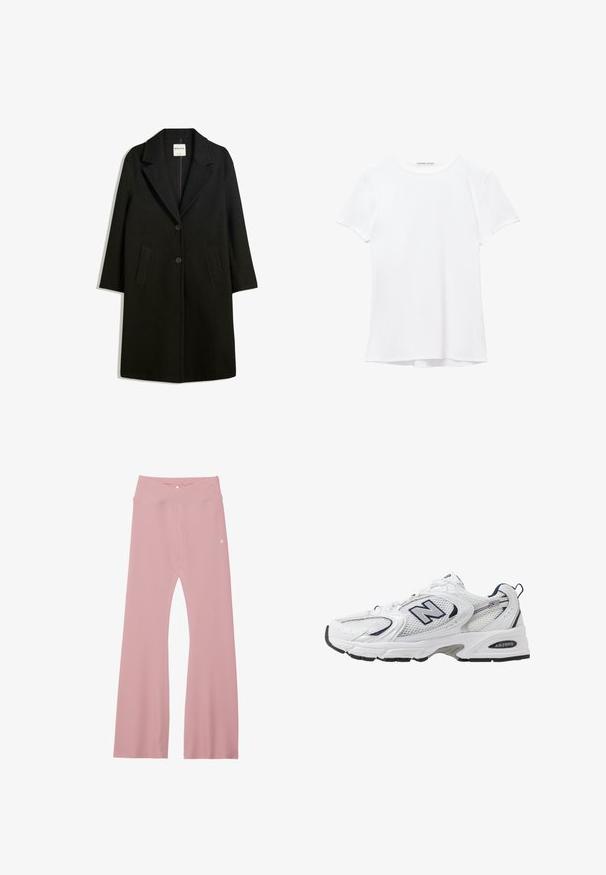 Svart kappa med snedkrage, två framfickor och knappstängning. Tillverkad av mjukt tyg, med rak silhuett och knälång design.; Vit kortärmad t-shirt i mjukt tyg, med rund halsringning och diskreta sömnadsdetaljer vid fållen.; Ljust rosa ribbade leggings med bred midjeband, prydda med ett korsdesign och förstärkta sömmar längs benen för hållbarhet.; Vit sportskor med överdel i mesh, marinblå accenter och dämpad sula. Har "N"-logotyp, snörning och texturerad detalj på sidan.
