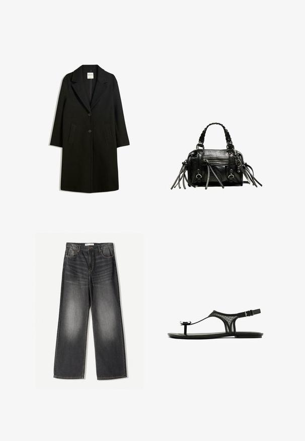 Sort frakke med reverskrave, to forlommer og knaplukning. Fremstillet af blødt stof, med en lige silhuet og knælangt design.; Sorte og gråstribet sweater med ribbet tekstur, der har en bred halsudskæring og lange ærmer. Mærke: Massimo Dutti.; Mørkegrå brede jeans lavet af denim, med fem lommer, en frontlynlås og kontrastfarvet syninger langs sømmene.; Sorte flade sandaler med en mesh-rem, tynd toe-loop og justerbar ankelspænde. Har et strømlinet, minimalistisk design med glinsende detaljer.; Sort læderhandtaske med flettede håndtag, tekstureret overflade, lynlåslomme foran og dekorative frynse-accenter. Kompakt og struktureret form.