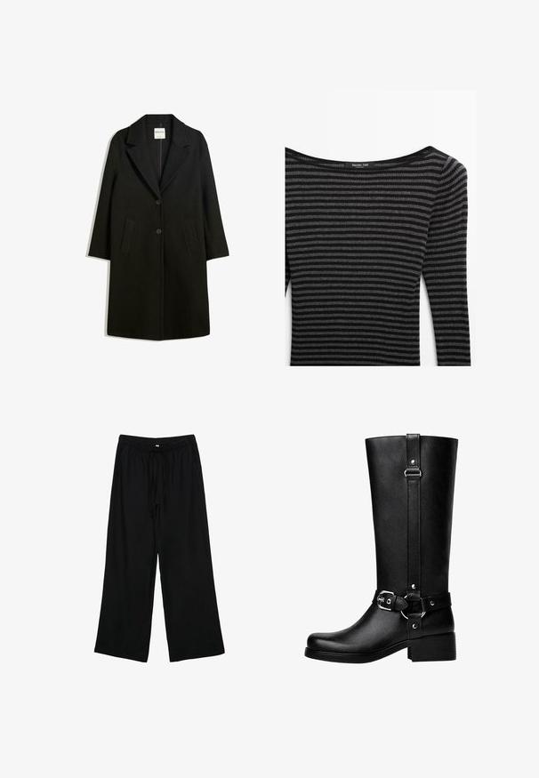 Sort frakke med reverskrave, to forlommer og knaplukning. Fremstillet af blødt stof, med en lige silhuet og knælangt design.; Sorte og gråstribet sweater med ribbet tekstur, der har en bred halsudskæring og lange ærmer. Mærke: Massimo Dutti.; Sort, lette bukser med vidde og elastisk talje med snor. Glat tekstur, ingen synlige mønstre eller hardware.; Høje sorte faux læder støvler med rund tå, accentbælte-spænde detaljer og en kraftig hæl. Glat tekstur og lodret søm på skaftet.