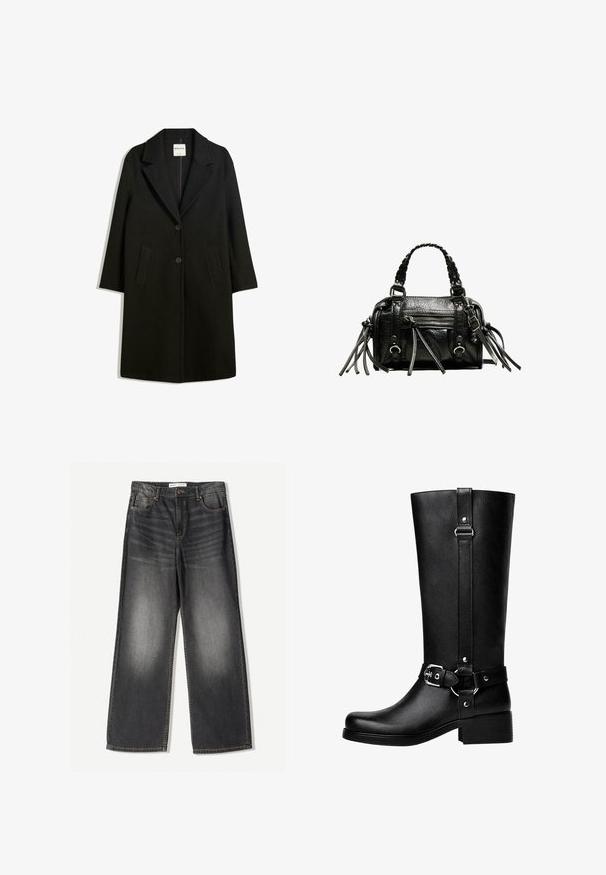 Černý kabát s klopovým límcem, dvěma předními kapsami a zapínáním na knoflíky. Vyroben z měkké látky, s přímým střihem a délkou po kolena.; Černý a šedý pruhovaný svetr s žebrovanou texturou, širokým výstřihem a dlouhými rukávy. Štítek: Massimo Dutti.; Tmavě šedé široké džínové kalhoty vyrobené z denimu, s pěti kapsami, předním zipem a kontrastním prošíváním podél švů.; Vysoké černé boty z umělé kůže s kulatou špičkou, detailem s přezkou na pásku a širokým podpatkem. Hladký povrch a vertikální šev na holeně.; Černá kožená kabelka s pletenými držadly, texturovaným povrchem, přední kapsou na zip a dekorativními třásněmi. Kompaktní a strukturovaný tvar.