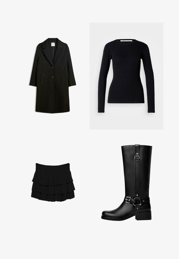 Črn plašč z oblazinjenim ovratnikom, dvema sprednjima žepoma in gumbom za zapiranje. Narejen iz mehkega materiala, ponuja raven kroj in zasnovo do kolen.; Črna dolga majica z dolgimi rokavi, narejena iz rebraste tkanine. Ima okroglo ovratnico in pristen kroj. Brez vzorcev ali okrasnih elementov. Preprost dizajn.; Črn večplastni krilo iz lahkega blaga, ki ima tri vodoravne nabore in elastičen pas za udobno prileganje.; Visoke črne škornje iz umetnega usnja z zaobljenim nosom, poudarjenim detajlom pasovine in debelim peto. Gladka tekstura in vertikalni šiv na šktrbici.