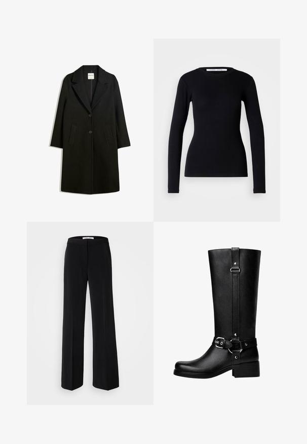 Crni kaput s otvorenim ovratnikom, dva prednja džepa i kopčanje na dugme. Napravljen od mekog materijala, s ravnim krojem i dizajnom do koljena.; Crna majica dugih rukava napravljena od rebraste tkanine. Ima okrugli izrez i uski kroj. Bez uzoraka ili ukrasa. Jednostavan dizajn.; Crne široke hlače s glatkom teksturom, s uskim pojasom i minimalističkim dizajnom. Bez vidljivih uzoraka ili naglasaka.; Visoke crne čizme od umjetne kože s okruglim vrhom, detaljem kopče na remenu i debelim potplatom. Glatka tekstura i vertikalni šav na nogavici.