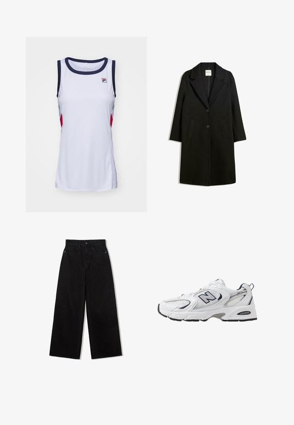 Manteau noir avec un col cranté, deux poches avant et fermeture à bouton. Fabriqué en tissu doux, présentant une silhouette droite et une longueur au genou.; Débardeur de sport blanc sans manches avec bordures bleu marine et accents rouges. Il présente un col rond et un logo Fila sur la poitrine. Tissu lisse et léger.; Jeans noirs à jambes larges en denim avec une taille haute, présentant un design à cinq poches et une fermeture à un bouton à l'avant.; B baskets blanches avec une tige en mesh, des accents bleu marine et une semelle rembourrée. Présente le logo "N", des lacets et un détail texturé sur le côté.