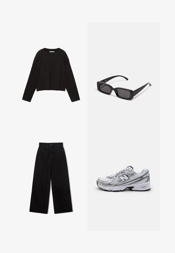 Manteau noir avec un col cranté, deux poches avant et fermeture à bouton. Fabriqué en tissu doux, présentant une silhouette droite et une longueur au genou.; Chemise noire à manches longues et crop en coton doux. Présente un col rond et une coupe ample avec des épaules tombantes. Pas de motifs ni d'accents visibles.; Jeans noirs à jambes larges en denim avec une taille haute, présentant un design à cinq poches et une fermeture à un bouton à l'avant.; Chaussure de sport New Balance avec un dessus en maille, principalement blanche avec des accents gris et marine, dotée d'une semelle rembourrée et de détails texturés.; Lunettes de soleil noires rectangulaires avec des verres foncés, finition brillante, larges branches et un design de monture épaisse. Nom de marque gravé sur une branche.; Sac fourre-tout en cuir noir avec deux poignées et une bandoulière amovible. Doté d'une texture lisse et d'une ceinture frontale accentuée d'une boucle argentée.