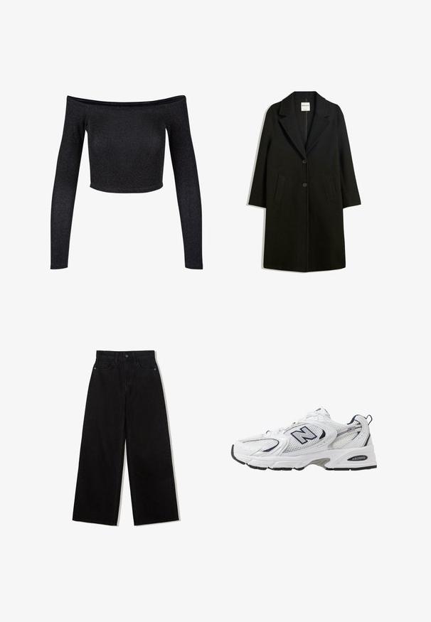 Black coat with a notched collar, two front pockets, and button closure. Made of soft fabric, featuring a straight silhouette and knee-length design.; Black off-the-shoulder crop top made of glittery fabric, featuring long sleeves and a fitted design without additional patterns or accents.; Black, wide-leg jeans made of denim with a high waist, featuring a five-pocket design and a single button closure at the front.; White athletic shoe with mesh upper, navy accents, and cushioned sole. Features "N" logo, laces, and textured detail on side.