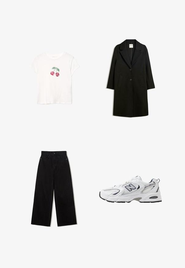 Crni kaput s otvorenim ovratnikom, dva prednja džepa i kopčanje na dugme. Napravljen od mekog materijala, s ravnim krojem i dizajnom do koljena.; Bijela pamučna majica s grafikom crvene trešnje i zelenim listovima, kratkim rukavima i okruglim izrezom. Mekan materijal, ležeran dizajn.; Crne, široke traperice visokog struka, s pet džepova i jednim gumbom za zakopčavanje sprijeda.; Bijela atletska cipela s mrežastim gornjim dijelom, mornarskim akcentima i podstavljenim potplatom. Sadrži "N" logo, vezice i teksturirani detalj sa strane.