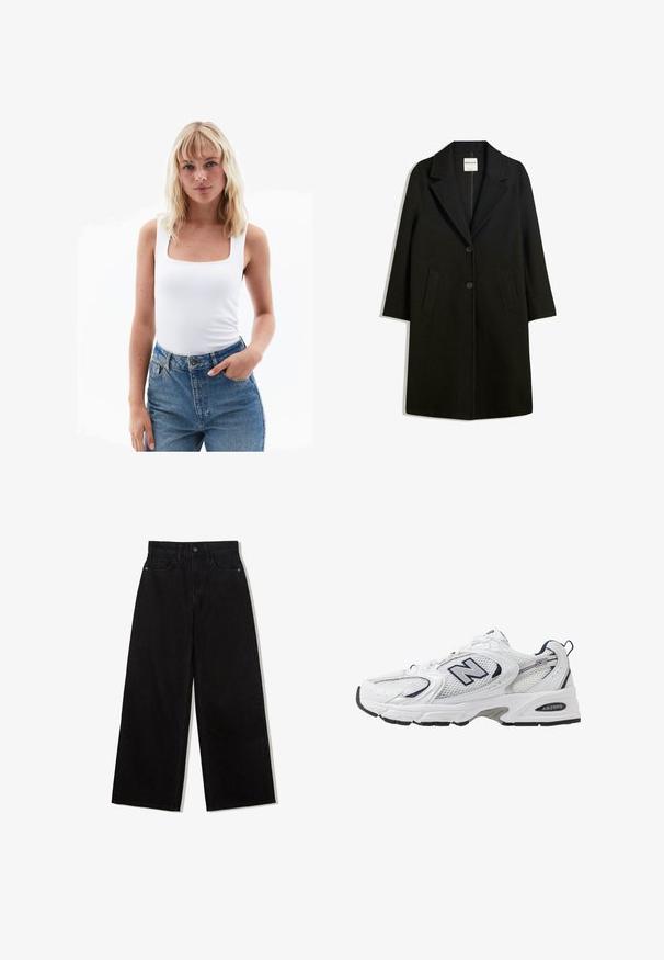Cappotto nero con colletto a rever, due tasche frontali e chiusura a bottone. Realizzato in tessuto morbido, presenta una silhouette dritta e un design all'altezza del ginocchio.; Top bianco a canotta con scollo quadrato, realizzato in tessuto morbido, abbinato a jeans in denim blu a vita alta. Design semplice, con minimi dettagli.; Jeans neri a gamba larga in denim con vita alta, dotati di un design a cinque tasche e una chiusura con un solo bottone nella parte anteriore.; Scarpa sportiva bianca con tomaia in mesh, dettagli in blu marino e suola imbottita. Presenta il logo "N", lacci e dettaglio texturizzato sul lato.