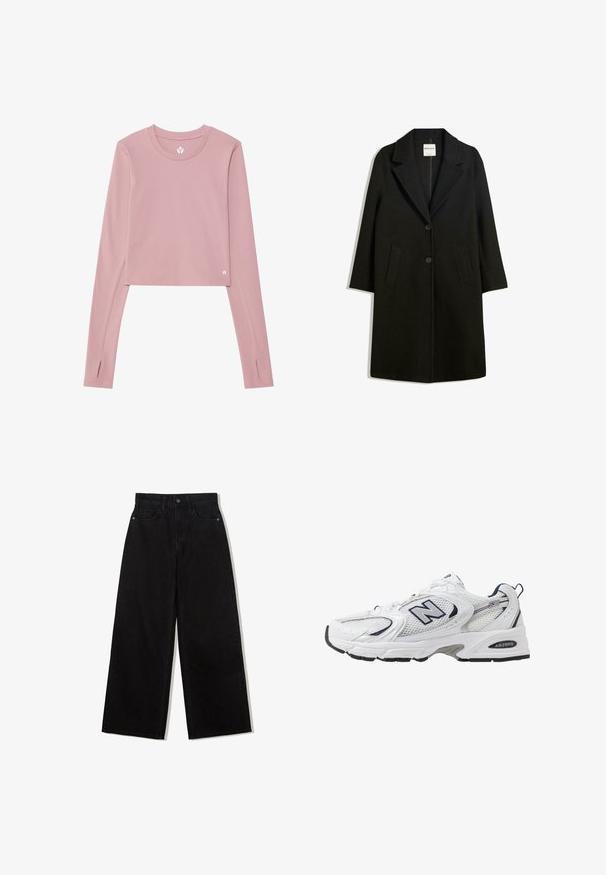 Manteau noir avec un col cranté, deux poches avant et fermeture à bouton. Fabriqué en tissu doux, présentant une silhouette droite et une longueur au genou.; T-shirt court à manches longues en tissu rose doux ; présente un col rond, des trous pour les pouces dans les poignets et un petit logo sur l'ourlet.; Jeans noirs à jambes larges en denim avec une taille haute, présentant un design à cinq poches et une fermeture à un bouton à l'avant.; B baskets blanches avec une tige en mesh, des accents bleu marine et une semelle rembourrée. Présente le logo "N", des lacets et un détail texturé sur le côté.