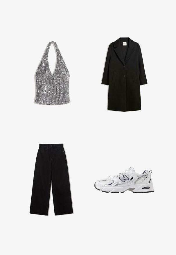 Cămașă neagră cu guler în V, două buzunare frontale și închidere cu nasturi. Fabricată dintr-un material moale, având o siluetă dreaptă și un design până la genunchi.; Top halter din paiete argintii, cu decolteu adânc în formă de V și talie ajustată, conceput pentru ocazii festive sau îmbrăcăminte de seară.; Jeans negri, cu picioare largi, din denim, cu talie înaltă, având un design cu cinci buzunare și o închidere cu un singur nasture în față.; Shoe sportiv alb cu parte superioară din plasă, accente bleumarin și talpă amortizată. Are logo-ul "N", șireturi și detalii texturate pe lateral.