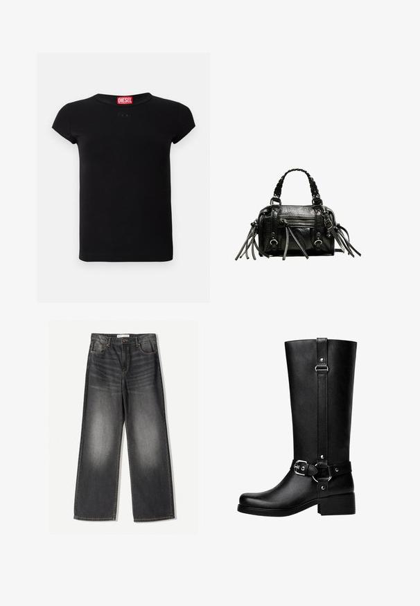 Fekete kabát, kiemelt gallérral, két elülső zsebbel és gombos záródással. Puha anyagból készült, egyenes sziluettel és térd alá érő fazonnal.; Fekete, rövid ujjú, testhezálló póló kerek nyakkivágással és piros Diesel logós címkével a gallér belső részén.; Sötétszürke, széles szárú farmernadrág, öt zsebbel, elől cipzárral és kontrasztos varrással az illesztéseknél.; Magas fekete műbőr csizma lekerekített orral, kiemelkedő övcsattal és vastag sarokkal. Sima textura és függőleges varrás a szárán.; Fekete bőr kézitáska fonott fogantyúkkal, texturált felszínnel, cipzáras elülső zsebével és dekoratív rojtos díszítéssel. Kompakt és strukturált forma.
