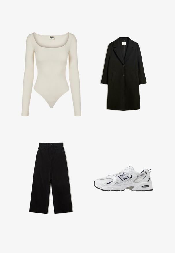 Čierny kabát s klopovým golierom, dvoma prednými vreckami a gombíkovým zapínaním. Vyrobený z mäkkej tkaniny, s priamym strihom a dĺžkou po kolená.; Dlhý rukáv body v béžovej farbe, s výstrihom do výstrihu a priliehavým strihom. Vyrobené z hladkej, elastickej látky s vystrihnutým spodkom v štýle thong.; Čierne, široké džínsy z denimu s vysokým pásom, obsahujúce dizajn s piatimi vreckami a jedným gombíkom na zapínanie vpredu.; Biele športové topánky s priedušným vrchným materiálom, námorníckymi akcentmi a polstrovanou podrážkou. Obsahujú logo "N", šnúrky a textúrovaný detail na boku.