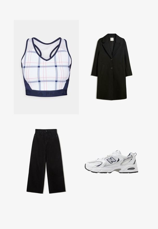 Schwarzer Mantel mit Reverskragen, zwei Fronttaschen und Knopfverschluss. Aus weichem Stoff gefertigt, mit gerader Silhouette und knielangem Design.; Karierte Sport-BH mit weißem Grund, blau-rotem Karomuster, marineblauem Saum und Racerback-Design. Verfügt über ein elastisches Band mit Logo.; Schwarze, weit geschnittene Jeans aus Denim mit hoher Taille, die ein Fünf-Taschen-Design und einen einzelnen Knopfverschluss vorne aufweist.; Weißer Sportschuh mit Mesh-Obermaterial, navyblauen Akzenten und gepolsterter Sohle. Verfügt über das "N"-Logo, Schnürsenkel und eine strukturierte Detailverarbeitung an der Seite.
