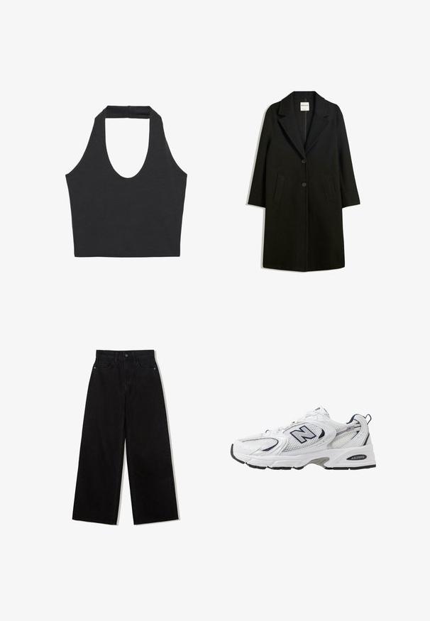 Musta takki, jossa on kauluskotelo, kaksi etutaskua ja nappisuljenta. Valmistettu pehmeästä kankaasta, suorassa siluetissa ja polvenpituinen muotoilu.; Mustapaita ilman hihoja, jossa on leveä pyöreä kaula-aukko ja rakenteellinen hihna takana. Valmistettu pehmeästä, joustavasta kankaasta. Klassinen, minimalistinen muotoilu.; Musta, leveälahkeinen farkut, joissa on korkea vyötärö, viisi taskua ja etupuolella yksittäinen napitus.; Valkoinen urheilushoe, jossa on verkkomateriaali päällä, laivastonsiniset yksityiskohdat ja pehmeä pohja. Varustettu "N"-logolla, nauhoilla ja teksturoidulla yksityiskohdalla sivussa.