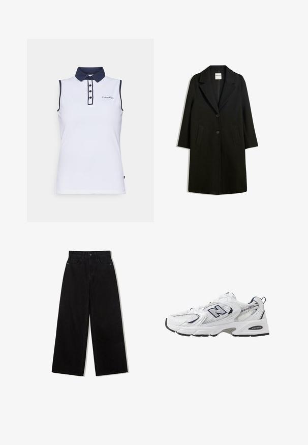Čierny kabát s klopovým golierom, dvoma prednými vreckami a gombíkovým zapínaním. Vyrobený z mäkkej tkaniny, s priamym strihom a dĺžkou po kolená.; Biela bezrukávová polo košeľa s námořníckym golierom a akcentmi. Obsahuje trojknoflíkovú légou a vyšívané logo na ľavej strane hrudníka.; Čierne, široké džínsy z denimu s vysokým pásom, obsahujúce dizajn s piatimi vreckami a jedným gombíkom na zapínanie vpredu.; Biele športové topánky s priedušným vrchným materiálom, námorníckymi akcentmi a polstrovanou podrážkou. Obsahujú logo "N", šnúrky a textúrovaný detail na boku.