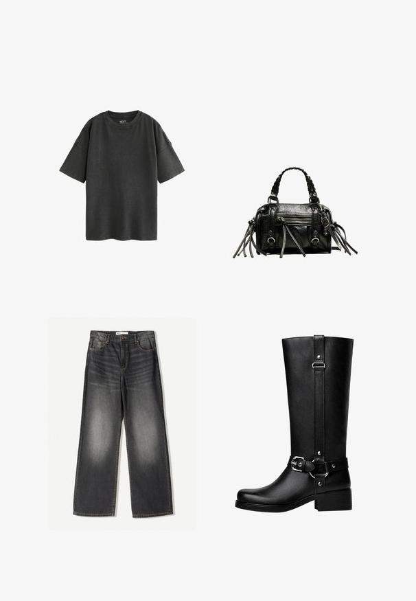 Schwarzer Mantel mit Reverskragen, zwei Fronttaschen und Knopfverschluss. Aus weichem Stoff gefertigt, mit gerader Silhouette und knielangem Design.; Schwarzes, übergroßes T-Shirt aus Baumwolle. Mit einem runden Ausschnitt und kurzen Ärmeln mit rohen Kanten, das eine weiche, abgenutzte Textur zeigt.; Dunkelgraue weit geschnittene Jeans aus Denim, mit fünf Taschen, einem Reißverschluss vorne und kontrastierenden Nähten entlang der Säume.; Hohe schwarze Kunstlederstiefel mit einer abgerundeten Zehe, einem Akzentgürtel-Schnallen-Detail und einem stabilen Absatz. Glatte Textur und vertikale Naht am Schaft.; Schwarze Lederhandtasche mit geflochtenen Tragegriffen, texturiertem Oberflächen, einem Reißverschluss-Frontfach und dekorativen Fransenakzenten. Kompakte und strukturierte Form.