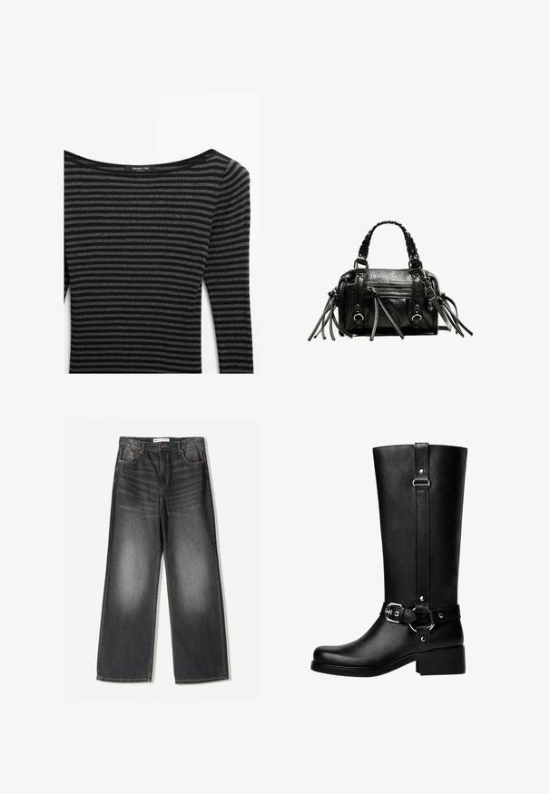 Zwarte jas met een omslagkraag, twee voorzakken en knoopsluiting. Gemaakt van zachte stof, met een rechte snit en een ontwerp tot op de knie.; Zwart en grijs gestreepte trui met een geribbelde textuur, voorzien van een wijde halslijn en lange mouwen. Label: Massimo Dutti.; Donkergrijze wijde jeans gemaakt van denim, met vijf zakken, een rits aan de voorkant en contrasterende stiksels langs de naden.; Hoge zwarte neplederen laarzen met een ronde neus, accentriem met gespsleutel en een brede hak. Glad textuur en verticale naad op de schacht.; Zwarte leren handtas met gevlochten handvatten, textuur op het oppervlak, ritsvak aan de voorkant en decoratieve franjes. Compacte en gestructureerde vorm.
