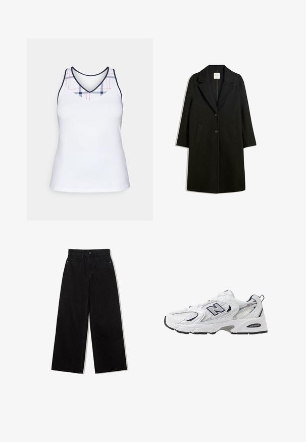 Sort frakke med reverskrave, to forlommer og knaplukning. Fremstillet af blødt stof, med en lige silhuet og knælangt design.; Hvid sports tanktop med v-hals og et ternet mønster i marineblå og rød på den øverste del. Glat, let stof.; Sorte, vidde jeans lavet af denim med høj talje, med en fem-lomme design og en enkelt knaplukning foran.; Hvide sportsko med netoverdel, marineblå detaljer og polstret sål. Har "N" logo, snørebånd og struktureret detalje på siden.