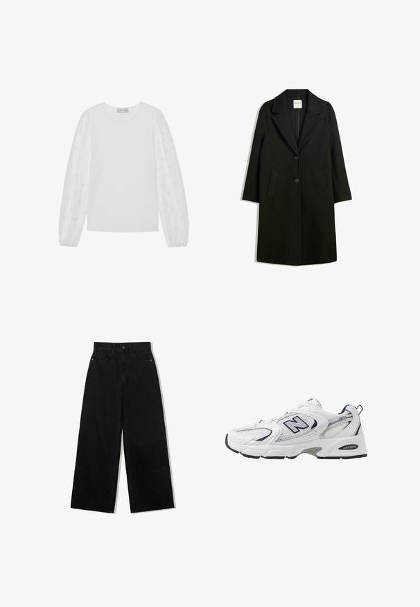Cămașă neagră cu guler în V, două buzunare frontale și închidere cu nasturi. Fabricată dintr-un material moale, având o siluetă dreaptă și un design până la genunchi.; Top alb cu maneci lungi, cu un corp solid și maneci pufoase translucide, decorate cu modele de buline. Guler rotund, maneci cu mansete, textură moale.; Jeans negri, cu picioare largi, din denim, cu talie înaltă, având un design cu cinci buzunare și o închidere cu un singur nasture în față.; Shoe sportiv alb cu parte superioară din plasă, accente bleumarin și talpă amortizată. Are logo-ul "N", șireturi și detalii texturate pe lateral.