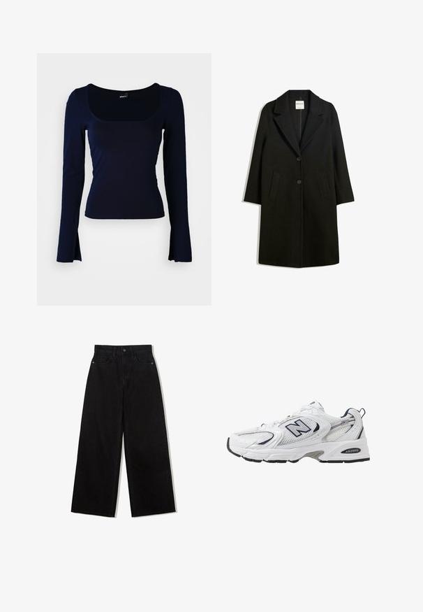 Zwarte jas met een omslagkraag, twee voorzakken en knoopsluiting. Gemaakt van zachte stof, met een rechte snit en een ontwerp tot op de knie.; Marineblauwe lange mouw top met een vierkante halslijn, gemaakt van een gladde, rekbare stof. Beschikt over een aansluitend ontwerp en licht uitlopende mouwuiteinden.; Zwarte, wijde spijkerbroek van denim met een hoge taille, voorzien van een vijf-pocket ontwerp en een enkele knoopsluiting aan de voorkant.; Witte sport schoen met mesh bovenkant, marineblauwe accenten en een gehoorzaamde zool. Bevat het "N" logo, veters en een gestructureerde detail aan de zijkant.