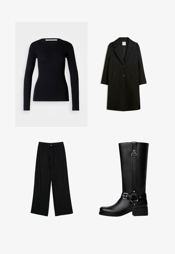 Cappotto nero con colletto a rever, due tasche frontali e chiusura a bottone. Realizzato in tessuto morbido, presenta una silhouette dritta e un design all'altezza del ginocchio.; Top nero a maniche lunghe realizzato in tessuto a coste. Presenta un collo rotondo e una forma aderente. Nessun motivo o decorazione. Design semplice.; Pantaloni neri leggeri a gamba larga con vita elastica e cordino. Texture liscia, senza motivi o componenti visibili.; Stivali neri alti in finta pelle con punta tonda, dettaglio della fibbia della cintura accentuata e tacco largo. Texture liscia e cucitura verticale sul gambale.