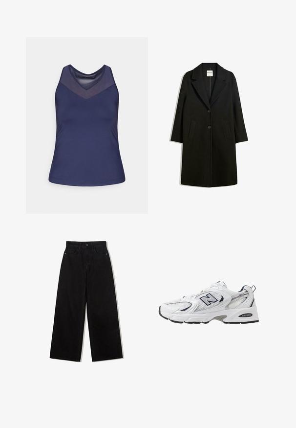 Černý kabát s klopovým límcem, dvěma předními kapsami a zapínáním na knoflíky. Vyroben z měkké látky, s přímým střihem a délkou po kolena.; Námořnický modrý tílko s výstřihem do V a designem síťoviny. Hladká látka se přizpůsobeným střihem a prošitým lemem.; Černé džínové kalhoty s širokými nohavicemi a vysokým pasem, s pěti kapsami a jedním knoflíkem na přední straně.; Bílé sportovní boty s textilním svrškem, námořnickými akcenty a polstrovanou podrážkou. Obsahují logo "N", tkaničky a texturovaný detail na boku.