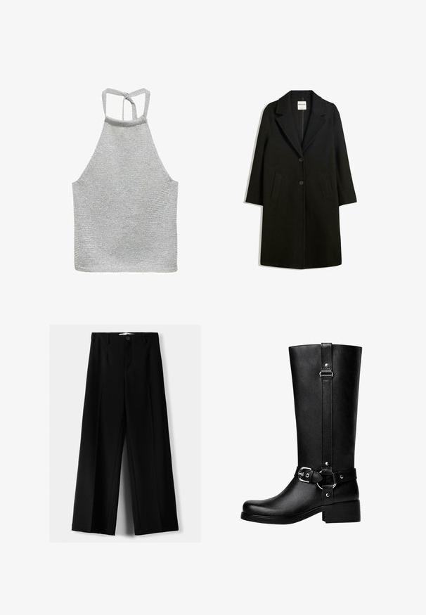 Manteau noir avec un col cranté, deux poches avant et fermeture à bouton. Fabriqué en tissu doux, présentant une silhouette droite et une longueur au genou.; Mango MARIETA - Débardeur - silver-coloured; Pantalons larges noirs en tissu léger, avec une fermeture à bouton à l'avant et un devant plat, dotés d'ourlets soigneusement cousus.; Bottes noires en cuir synthétique, avec un bout rond, des détails de boucle de ceinture accentués et un talon épais. Texture lisse et couture verticale sur la tige.