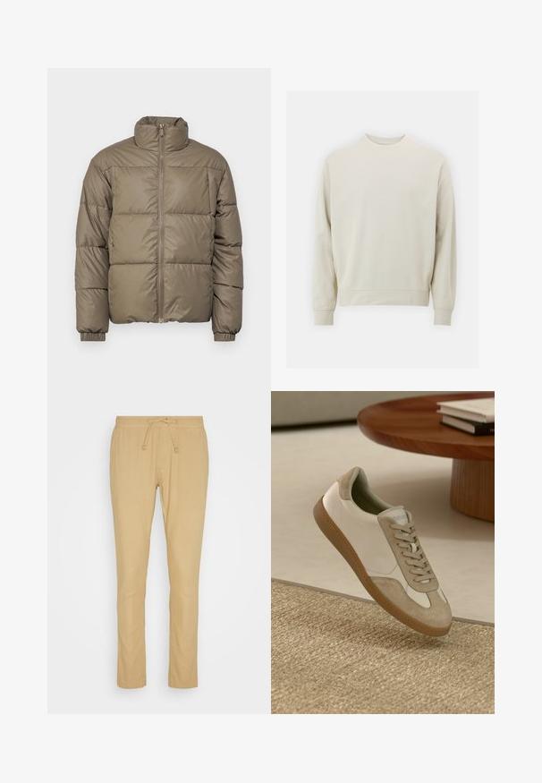 Jaka-pufis olīvzaļā krāsā ar augstu apkakli, priekšējo rāvējslēdzēju un elastīgām aprocēm. Audums ir gluds ar izšūtiem paneļiem.; Gaišs bežs džemperis, kas izgatavots no mīkstas auduma, ar noapaļotu kakla izgriezumu, garām piedurknēm un ribotām aprocēm un apakšmalu. Minimālistisks dizains, bez redzamām rakstām.; Bežīgas bikses, kas izgatavotas no viegla auduma, ar elastīgu jostasvīru un aukliņu, taisna griezuma un gludu tekstūru.; Vieglie sporta apavi ar baltu ādas virsu, beige zamša akcentiem, apaļu pirkstu un strukturētu brūnu gumijas zoli.